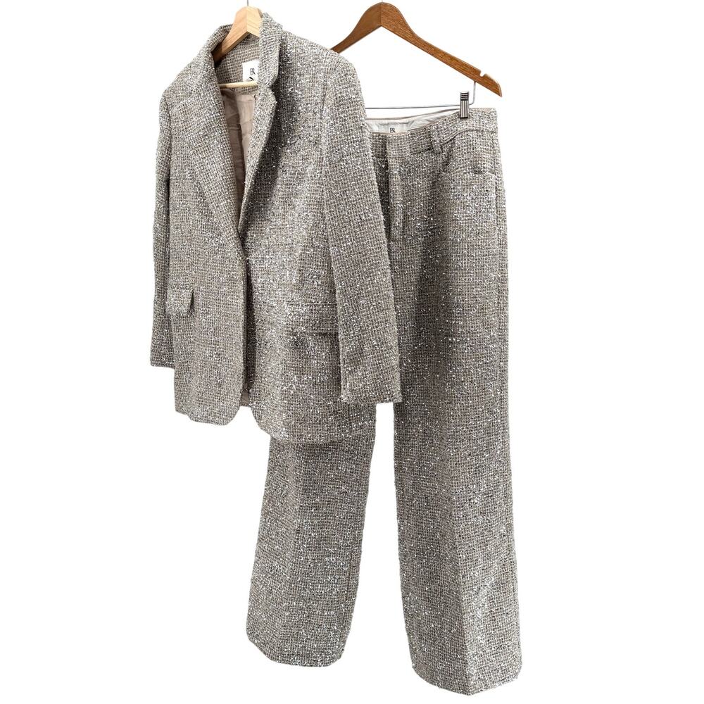 Banana Republic Beige Silver Metallic Tweed Blazer Pant Suit